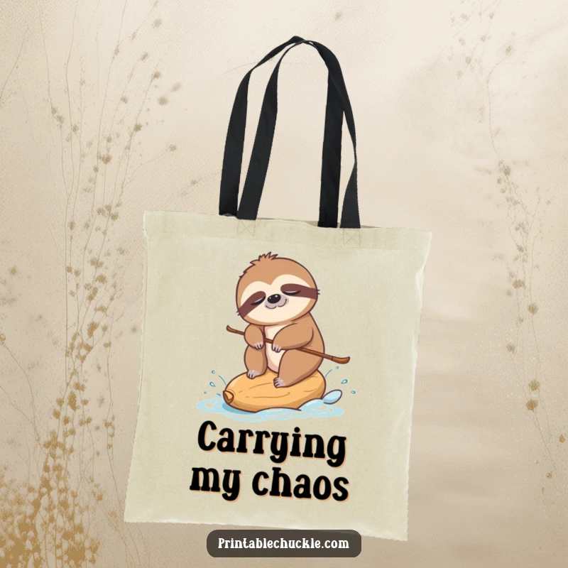 Funny tote bag depicting a sleepy sloth water-skiing on a single cashew nut, a humorous and eye-catching design.