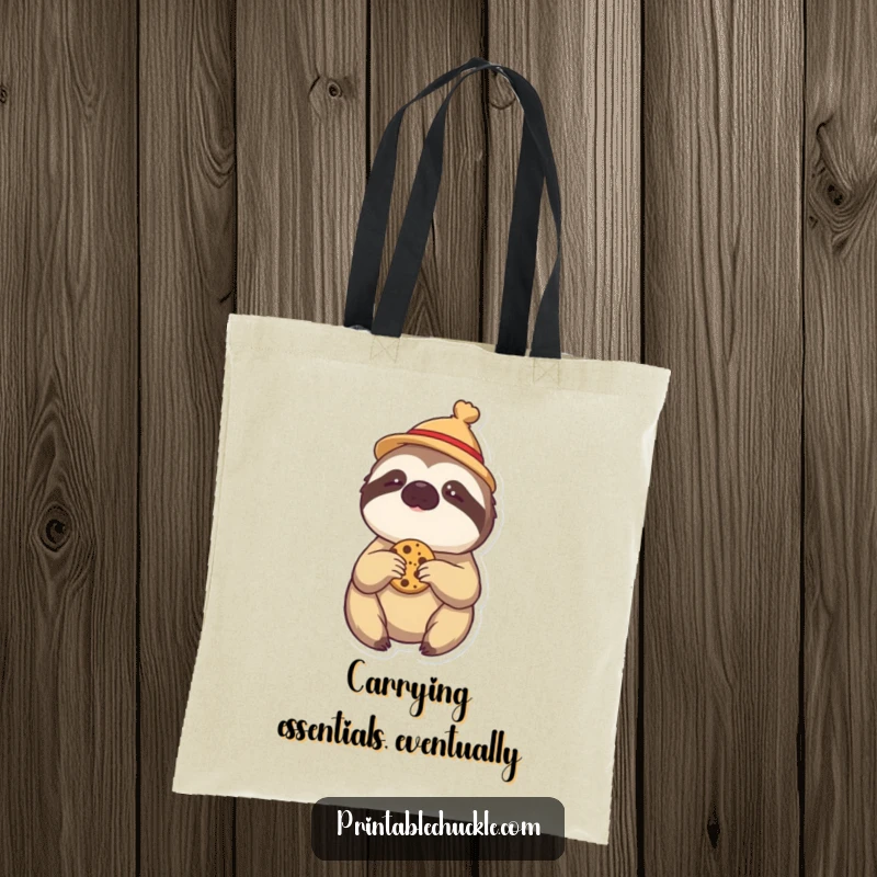 Funny tote bag featuring a lazy sloth in a small hat, slowly reaching for a cookie, great for shopping.
