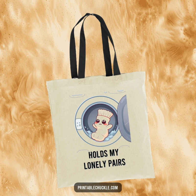 Funny tote bag: a flustered sock with googly eyes tumbling from a washing machine, great for errands.