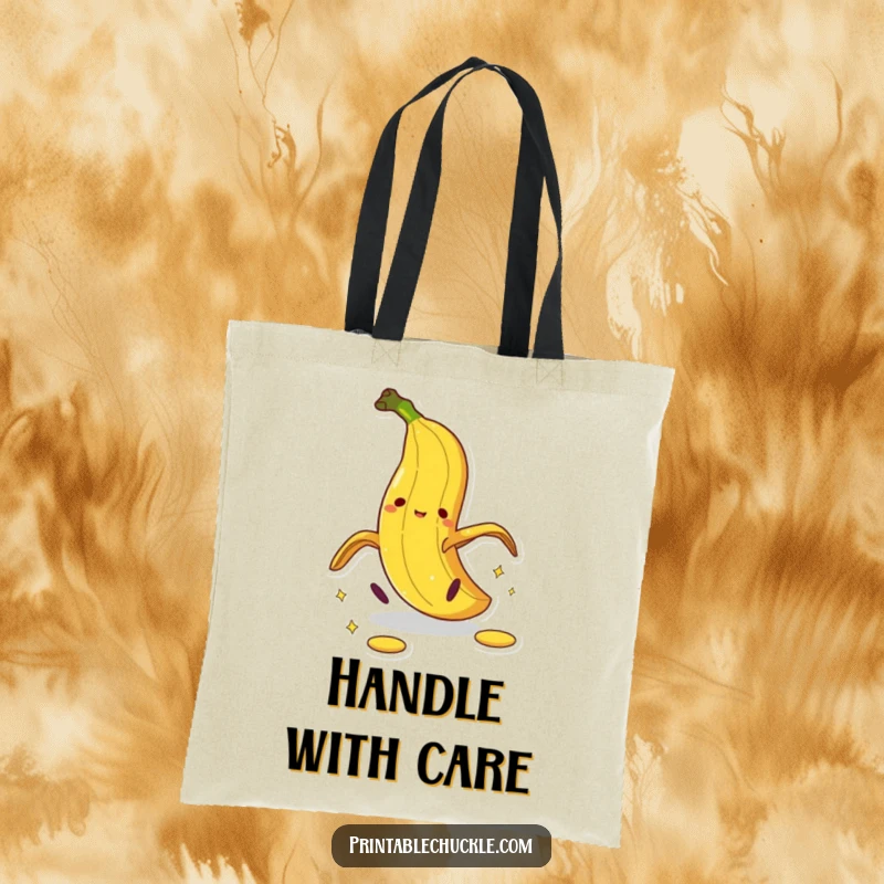 Funny banana peel tote bag featuring a dramatic pratfall, a hilarious cartoon slip perfect for everyday use.