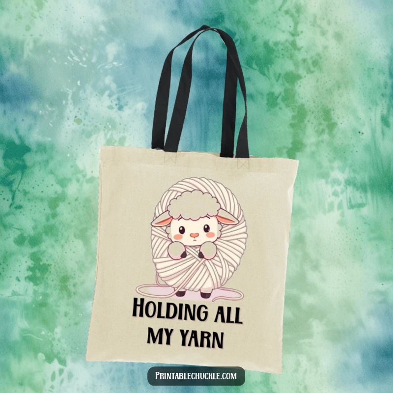 Funny fluffy sheep tangled in a giant ball of yarn, looking confused on a durable tote bag, a hilarious and practical item.