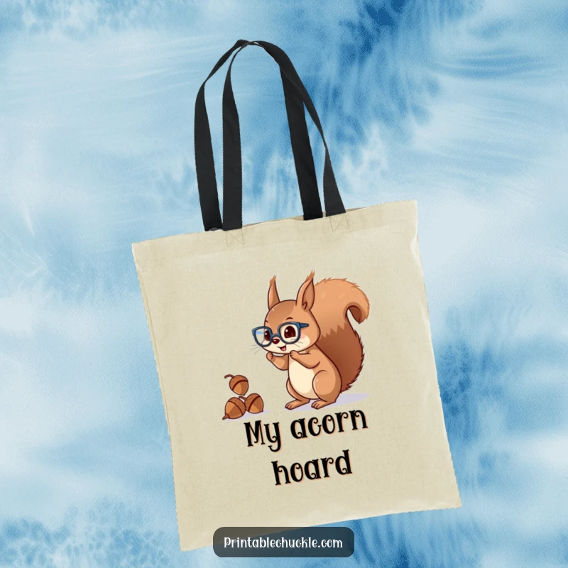 Funny squirrel tote bag with a mischievous character wearing glasses, juggling acorns with its tail, ideal for shopping.