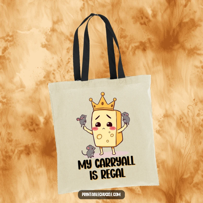 Funny tote bag featuring a bewildered cheese slice with a crown, juggling mice, perfect for shopping trips.