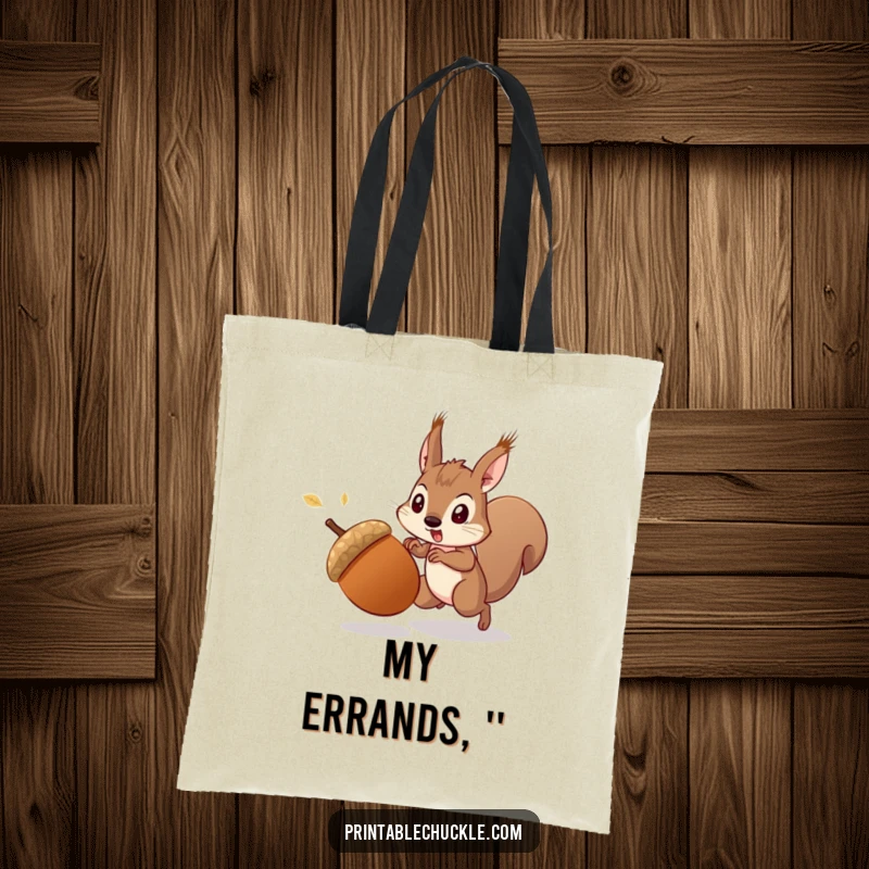 Funny startled acorn being chased by a determined squirrel, depicted on a practical tote bag, a funny and functional funny gift.