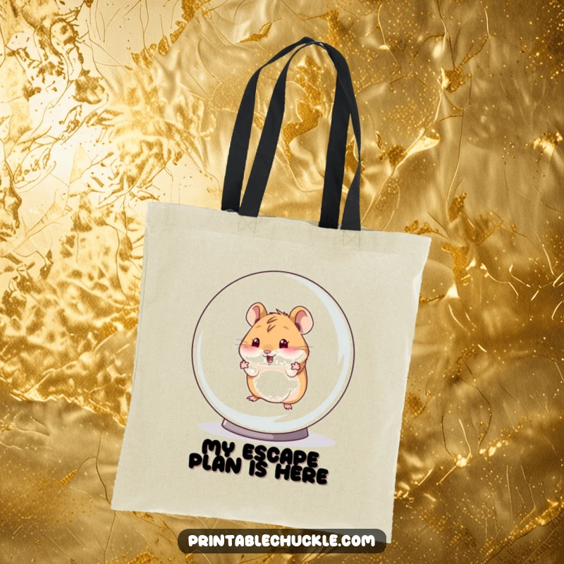 Funny tote bag illustrating a hamster's dramatic escape from an oversized hamster ball, a humorous and practical accessory.