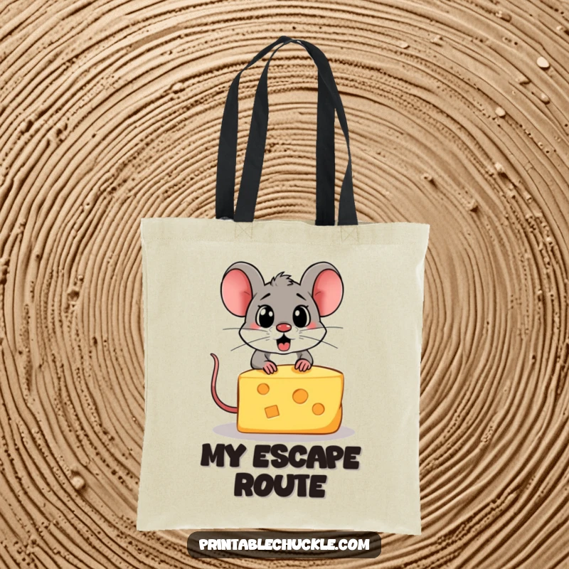 Funny tote bag illustration of a scared piece of cheese fleeing from a hungry cartoon mouse.