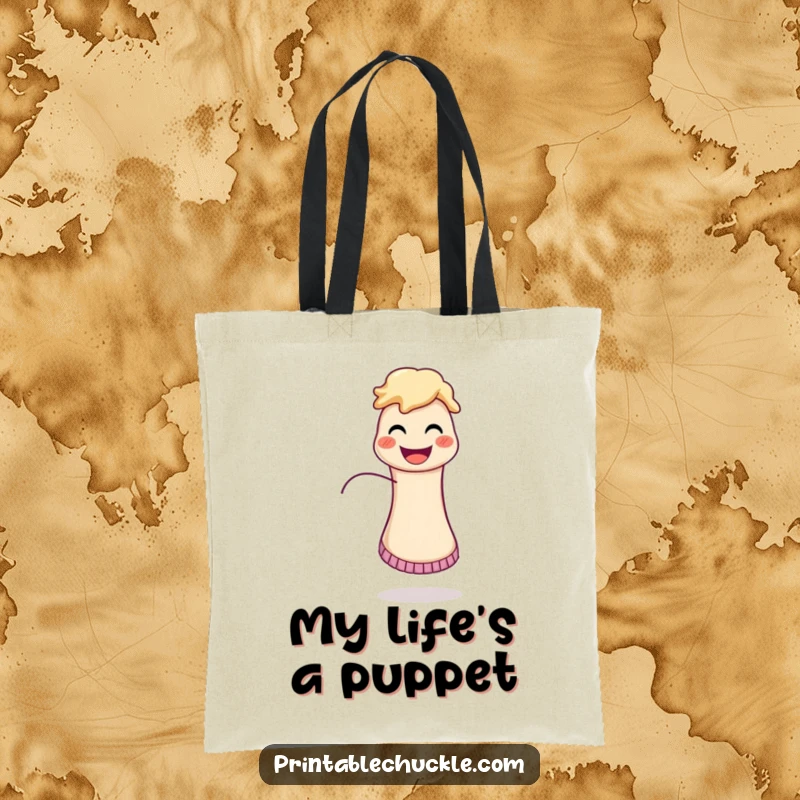 Funny tote bag with a jubilant sock puppet whose string is comically escaping, ready for any adventure.