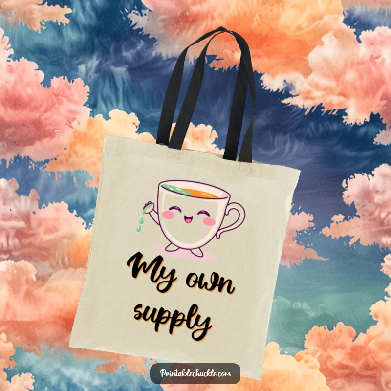Funny tote bag depicting a cheerful teacup character attempting self-pour, a delightful and humorous accessory.