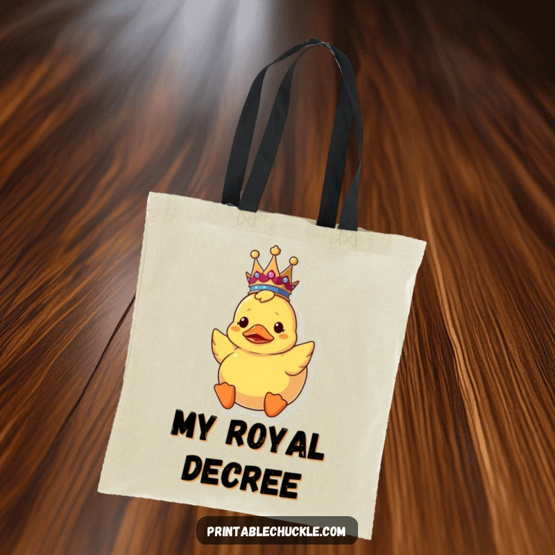 Funny upside down rubber duck tote bag with a tiny crown, showcasing a confused royal bath toy.