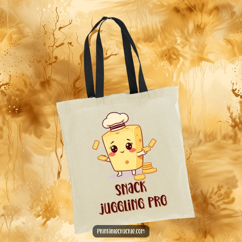 Funny canvas tote bag with a cheese character in a chef hat, juggling crackers, perfect for stylish and humorous shopping.